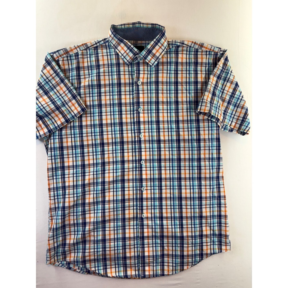 Linea Uomo Mens Large Short Sleeve Button Down Shirt Plaid Blue Orange RN99641